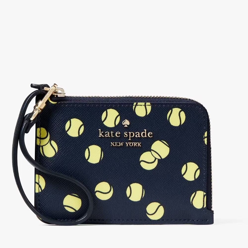 NWT Kate Spade Tennis Printed Small Card Holder Wristlet/Saffiano/Blue/Yellow - Picture 3 of 6